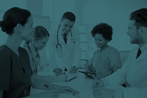 doctors talking to residents education card